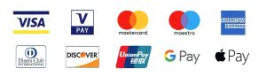 Toutes cartes de paiement. Visa, Mastercard, Maestro, American express, Diners Club, Discover, UnionPay, Google Pay et Apple Pay.